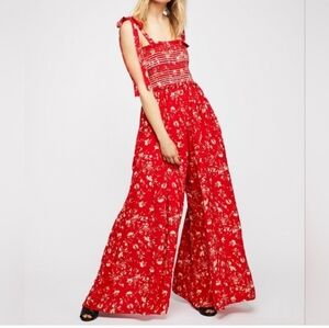 Free People Red Floral Smocked-Waist Jumpsuit